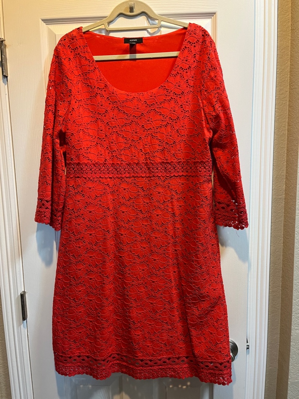 Alfani Red Lace Scoop-Neck Long Sleeve Dress
